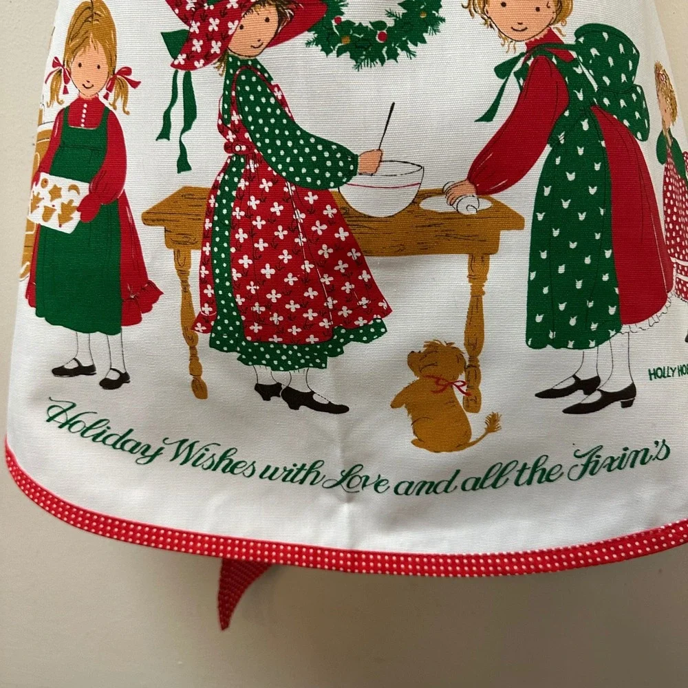 Vintage Holly Hobbie Christmas Half Apron Red Polka Dot Holiday Wishes USA Made